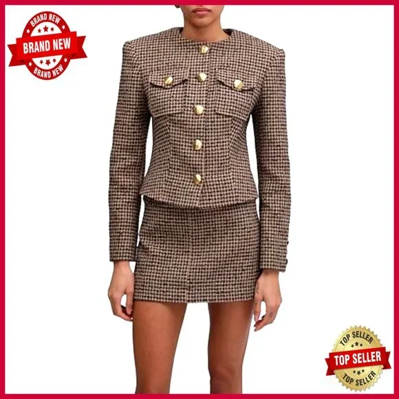 Wool Tweed Slim Fit Jacket Long Sleeve Button Closure Standard Length